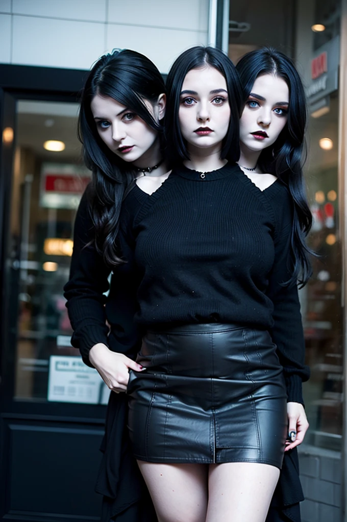 2heads, three headed goth girl, age 19, slightly chubby, black sweater, black skirt, pale skin,
