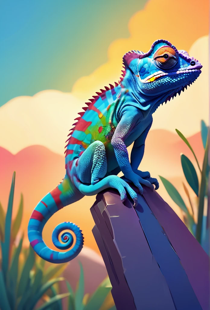 a silhouette design of a chameleon, sunset design, 3D vector art, cute and quirky, bright bold colorful., watercolor effect, , digital painting, low-poly, bird's-eye view, isometric style, focused on the character, 4K resolution, photorealistic rendering, using Cinema 4D,front side
