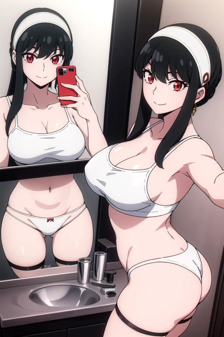 yorbriar, yor briar, black hair, (red eyes:1.5), earrings, (((white hairband))), hairband, smile ,short hair with long locks,mirror selfie, 1girl, wide ass, talking ass selfie , big breasts , bathroom, , underwear, phone, reflection, , mirror, black_hair, breasts, panties, bra, red_panties, cellphone, solo, smartphone, phone_screen, smile , holding_phone, red_bra, indoors, sink, underwear_only,