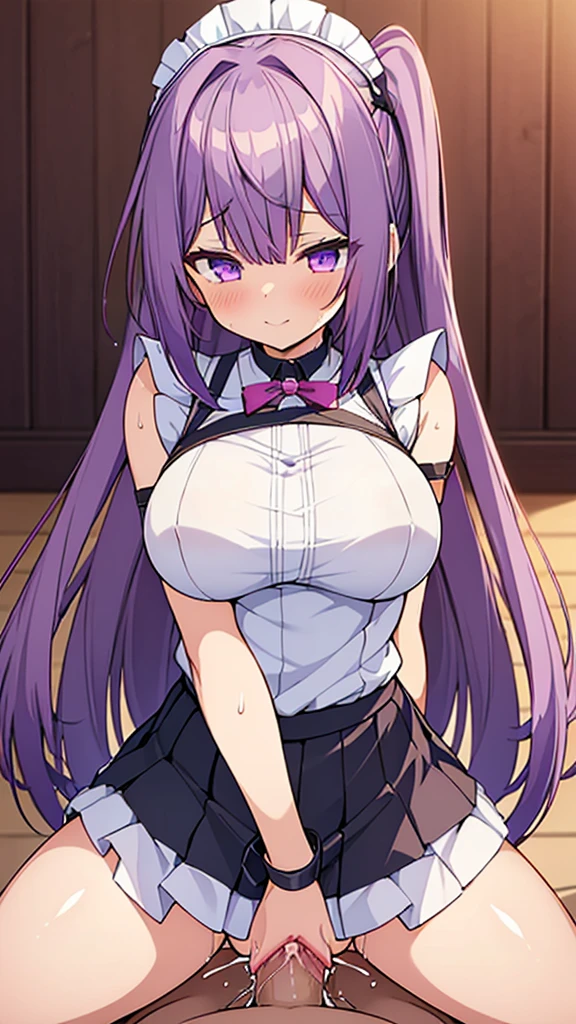 最high quality, high quality, Super detailed, 16K, Ultra-detailed details, pretty girl, alone, beautiful purple hair, Beautiful purple eyes, Big Breasts, A light smile, Summer clothes, Summer Maid clothes, I'm lifting my skirt, Blue and white color striped underwear(Showing her underwear under her skirt), My crotch is wet with love juice, {{A succubus who falls in love with a man steals the facial skin of the girl he loves, transforms her face into that of a girl, and serves the man as a maid.}}, (((Intense vaginal sex with a man:1.5))), Full body image, NSFW