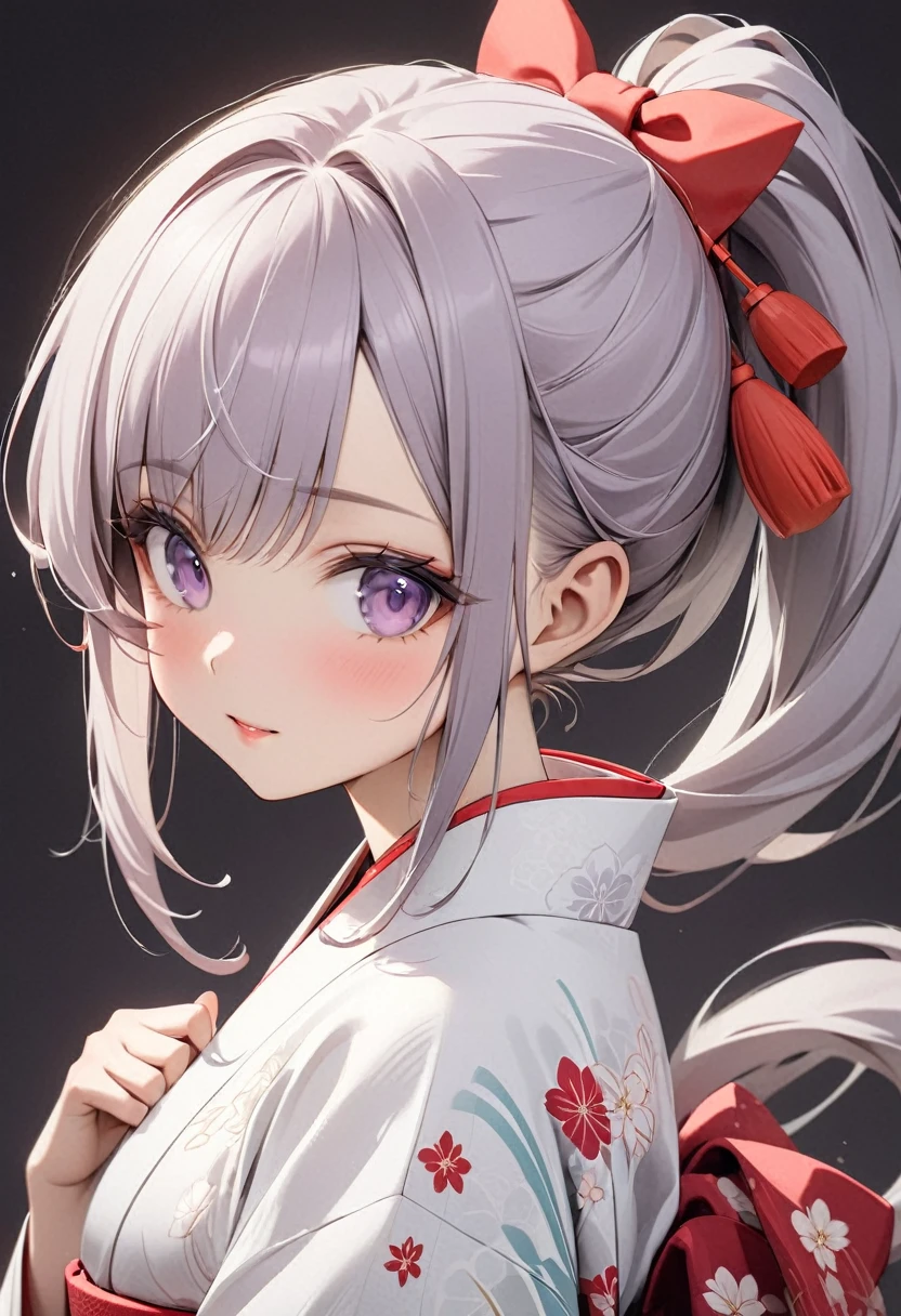 Playful and cute oriental beauty girl.Light purple gray long hair.Hairstyle with ponytails tied on both sides,Texture、Beautiful white Japanese kimono、,masterpiece,best quality