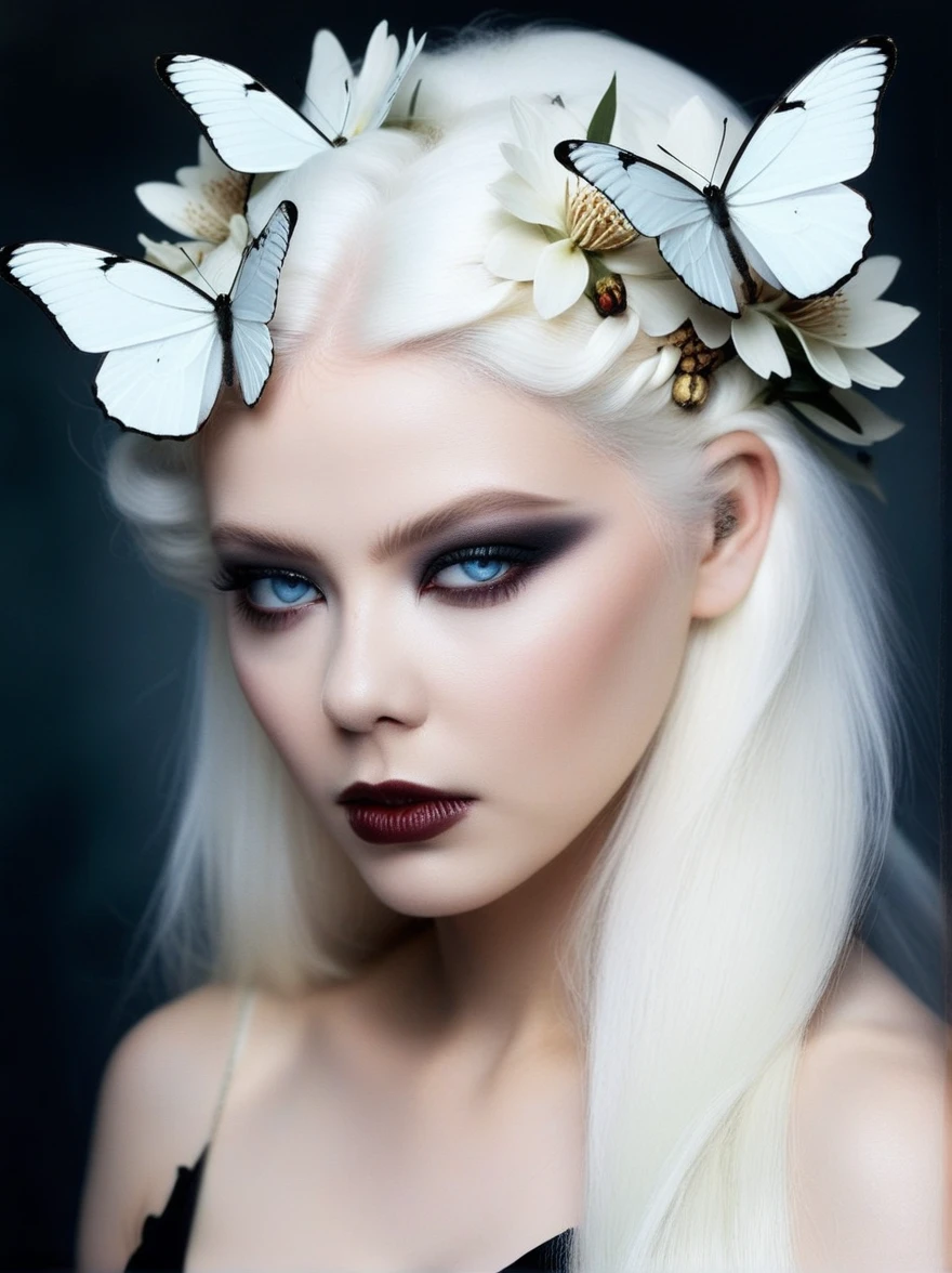 a close up of a woman with white hair and butterflies on her head, beautiful and creepy, white skin and reflective eyes, flora borsi, cute face. dark fantasy, natalie shau, inspired by Ryohei Hase, portrait of albino mystic, natalie shau tom bagshaw, earley, with wild hair and haunted eyes