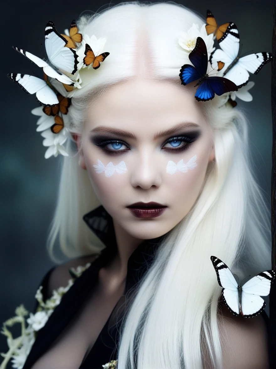 a close up of a woman with white hair and butterflies on her head, beautiful and creepy, white skin and reflective eyes, flora borsi, cute face. dark fantasy, natalie shau, inspired by Ryohei Hase, portrait of albino mystic, natalie shau tom bagshaw, earley, with wild hair and haunted eyes