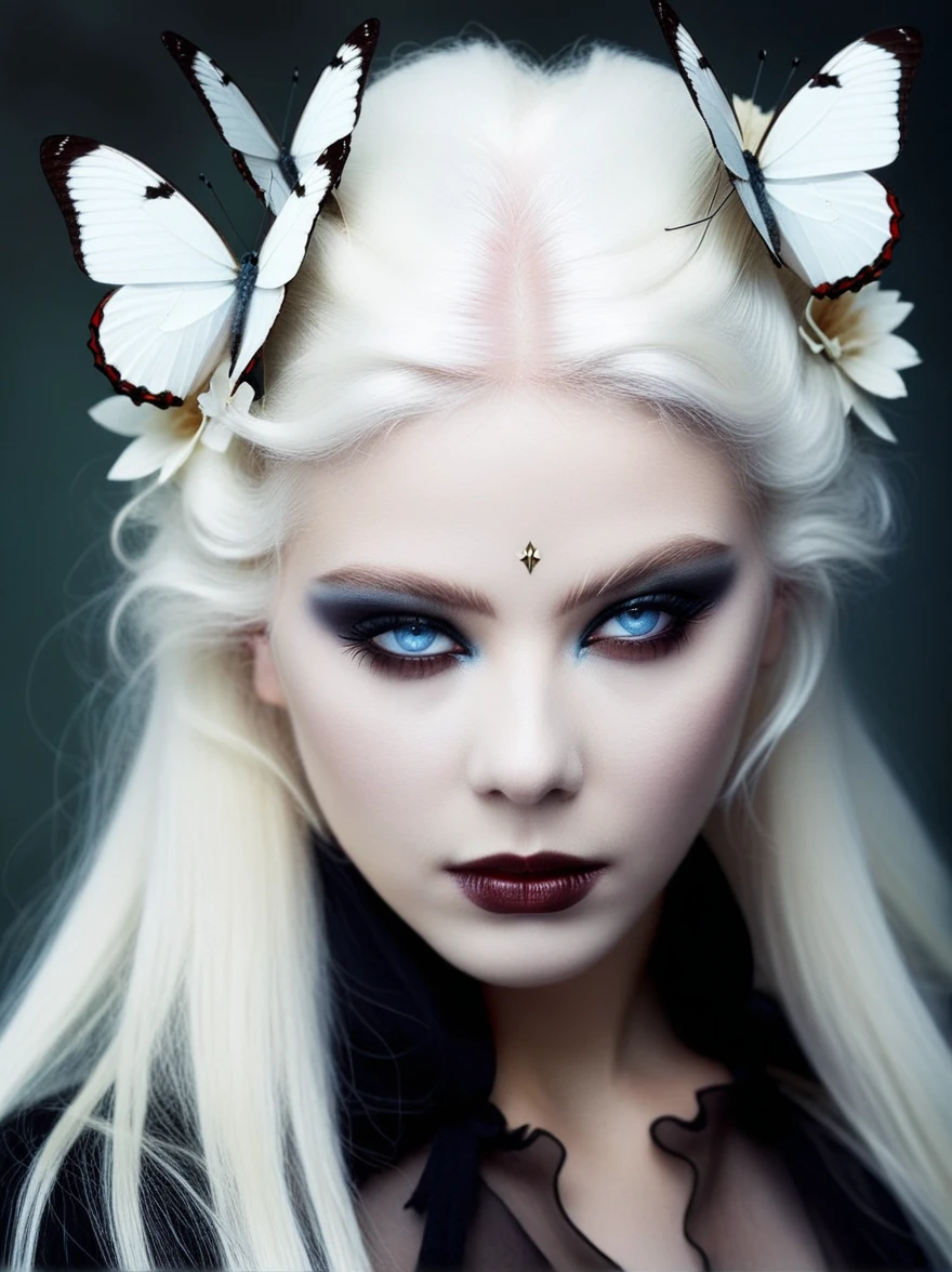 a close up of a woman with white hair and butterflies on her head, beautiful and creepy, white skin and reflective eyes, flora borsi, cute face. dark fantasy, natalie shau, inspired by Ryohei Hase, portrait of albino mystic, natalie shau tom bagshaw, earley, with wild hair and haunted eyes