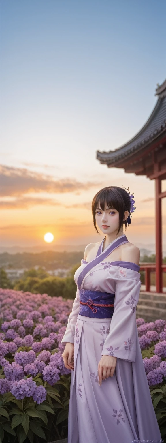 realistic,score_9, score_8_up, score_7_up,
Ultra detailed backgrounds,delicate patterns,Complicated details,Kochou Shinobu,O cabelo multicolorido,No bangs,hair intakes,Purple eye,haori,butterflys,obi strip,trpical garden,purple flower,mostly cloudy sky,rays of sunshine,Tyndall effect,Gradient_sky,the face,beautiful sky,Saber on the waist,captivating posture,Large breasts,Off-the-shoulder attire