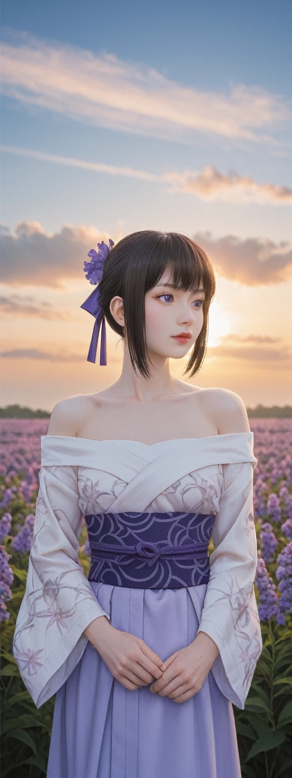 realistic,score_9, score_8_up, score_7_up, 
Ultra detailed backgrounds，delicate patterns，Complicated details，Kochou Shinobu，O cabelo multicolorido，No bangs，hair intakes，Purple eye，haori，butterflys，obi strip，trpical garden，purple flower，mostly cloudy sky，rays of sunshine，Tyndall effect，Gradient_sky，the face，beautiful sky，Saber on the waist，captivating posture，Large breasts，Off-the-shoulder attire