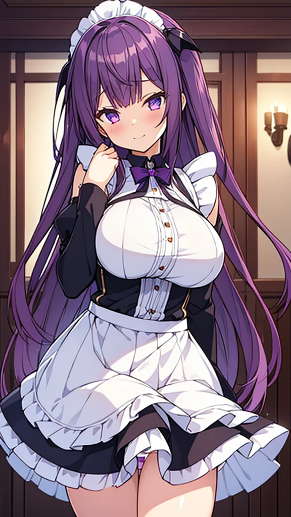 最high quality, high quality, Super detailed, 16K, Ultra-detailed details, pretty girl, alone, beautiful purple hair, Beautiful purple eyes, Big Breasts, A light smile, Summer clothes, Summer Maid clothes, I'm lifting my skirt, Blue and white color striped underwear(Showing her underwear under her skirt), My crotch is wet with love juice, {{A succubus who falls in love with a man steals the facial skin of the girl he loves, transforms her face into that of a girl, and serves the man as a maid.}}, Full body image, NSFW