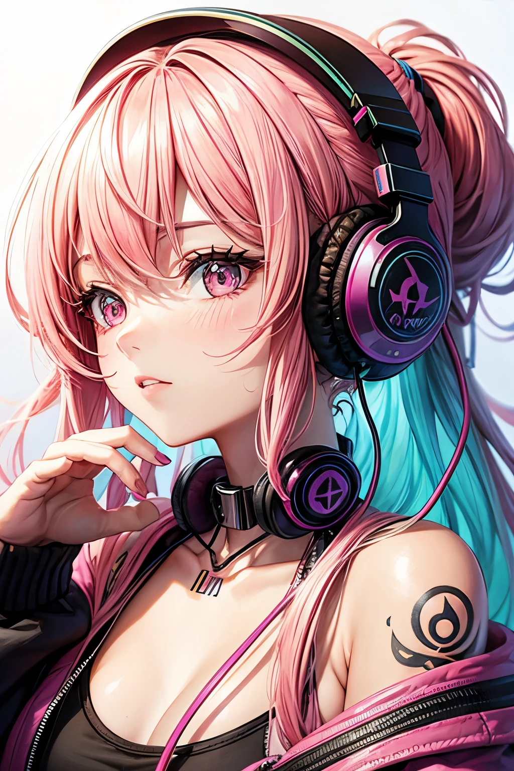 Background bright pink, portrait girl, colorful hair, big headphones, tattoo on neck