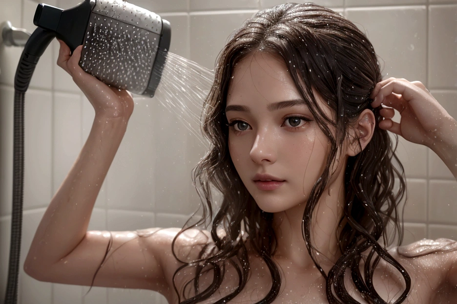 a person brushing their hair in the shower, visible foam, detailed face, beautiful eyes, detailed skin, intricate hair strands, water droplets, warm lighting, serene atmosphere, detailed background, photorealistic, high resolution, 8k, best quality, masterpiece, cinematic lighting