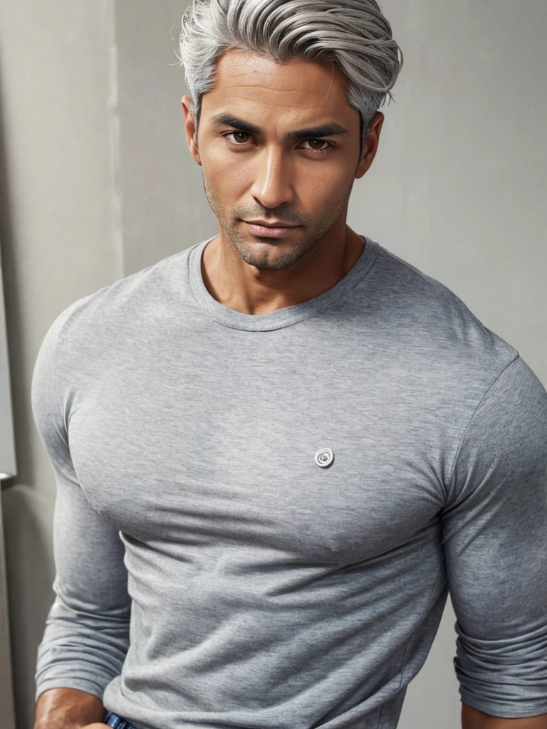 (best quality), 1boy, mature man, 34 years old, tanned skin, silver hair, medium hair, hair loosely combed back, brown eyes, perfect eyes, muscular, handsome, small waist, strong jawline, cold expression, casual clothes, fully clothed, clean face, masterpiece, anatomically correct, highres
