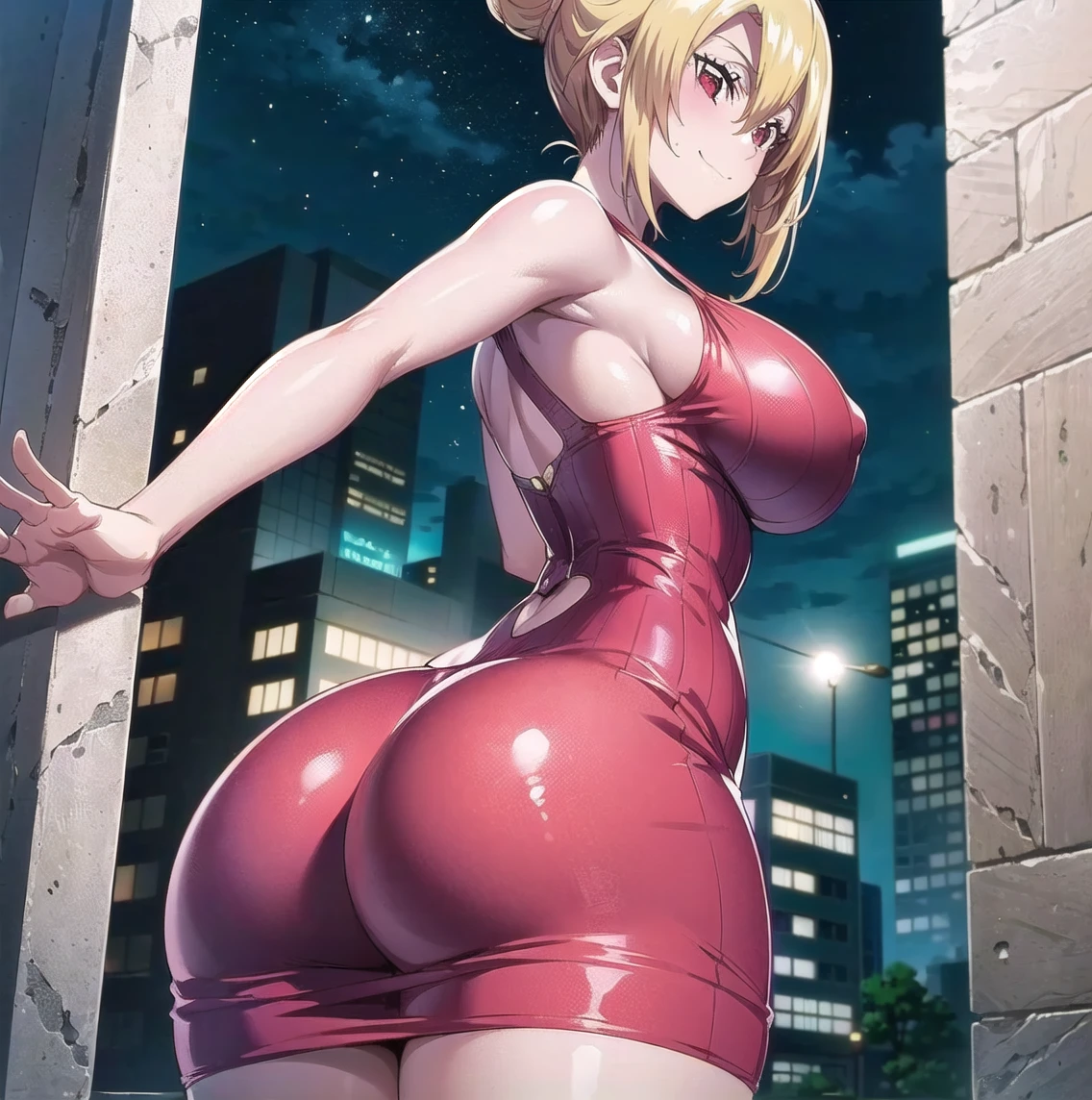 ((1 girl)), ((alone)), Angelica rapha holfort, ((Extremely detailed CG unity 4k wallpaper)), (Masterpiece), (ultra quality), (Ultra detailed), (best illustration), (best shadow), (extremely detailed), looking at viewer, (absurdities), (detailed background), curvy body, dynamic pose, cowboy photo, large breasts, medium waist, wide hips, medium thighs, round butt,( (medium hair, blonde hair, side locks, red eyes: 1.4, bare shoulders, bare arms, red sweater dress, ribbed sweater, bare legs, smile, closed mouth)), seductive, standing, cowboy photo, backlight, ((only)), ((Standing:1.4, outdoor, streets, night, window, moon, cityscape, city lights, (sexy smile, sexy pose: 1.4) , looking back, from behind, (( focus on ass), pov: (from below), perfect anatomy, perfect hands,