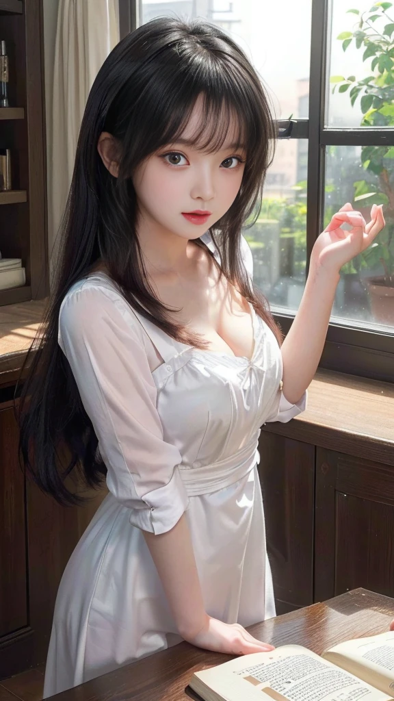 (Table Top), 女の子 with long black hair holding a book, Moe art style, Cute girl visuals, Ilya Kuvshinov with long hair, Attractive girl, Beautiful girl, (Beautiful breasts, Upward bust), Small beautiful butt, (Waist cinched with obi), Beautiful little hand of a girl, Smooth CG art, (( beautiful girl, Baby Face, )), Young girl, ((Cute girl in a nice dress)), cute girl, (Detailed eyes and face:1.2, Professional photography techniques, Cinema Lighting), (Troubled expression, blush:1.2), (Highest quality, 8K, masterpiece:1.2, RAW Photos), (Photorealism:1.3), (Detailed hands)