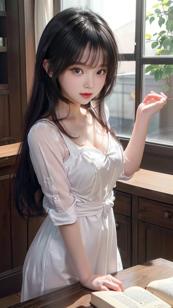 (Table Top), 女の子 with long black hair holding a book, Moe art style, Cute girl visuals, Ilya Kuvshinov with long hair, Attractive girl, Beautiful girl, (Beautiful breasts, Upward bust), Small beautiful butt, (Waist cinched with obi), Beautiful little hand of a girl, Smooth CG art, (( beautiful girl, Baby Face, )), Young girl, ((Cute girl in a nice dress)), cute girl, (Detailed eyes and face:1.2, Professional photography techniques, Cinema Lighting), (Troubled expression, blush:1.2), (Highest quality, 8K, masterpiece:1.2, RAW Photos), (Photorealism:1.3), (Detailed hands)