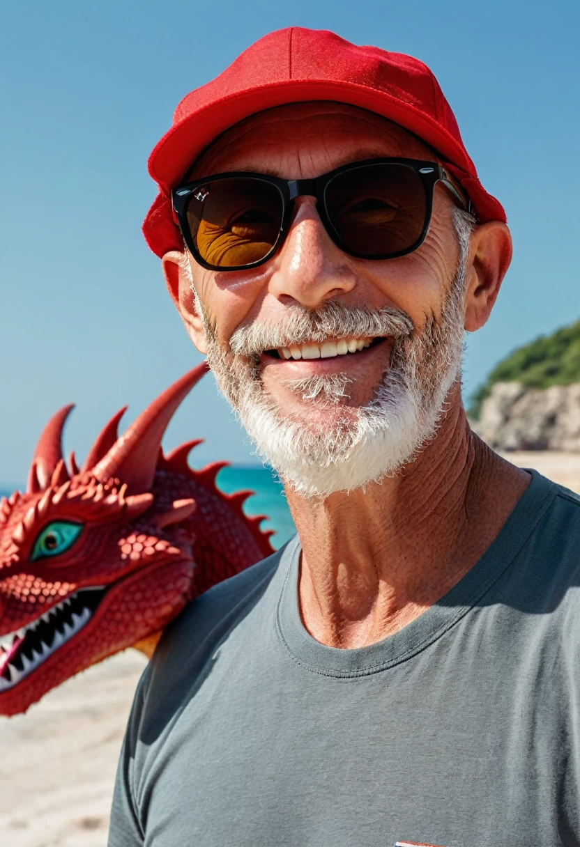 on the beach, captures a realistic image from different angles in a medium shot of a brave 60-year-old man with a very short beard, almost imperceptible white color and RayBan wayfarer sunglasses, The entire image takes place accompanied by a friendly red dragon, the man dressed in summer clothes and black baseball cap, The man is smiling and looking at camera accompanied by a funny medium-sized red dragon. The man in the cap is the adventurous explorer with dark wayfarer sunglasses evading a well-proportioned medium-sized winged red dragon, everything takes place under a radiant sun on a Mediterranean beach with impressive lighting for a perfect shot, red and winged dragon. professional photography, 8k, RAW photo, The best quality, Masterpiece, photorealistic, Highly detailed, cinematic lighting, sharp focus, réflex digital, high resolution, photorealistic,