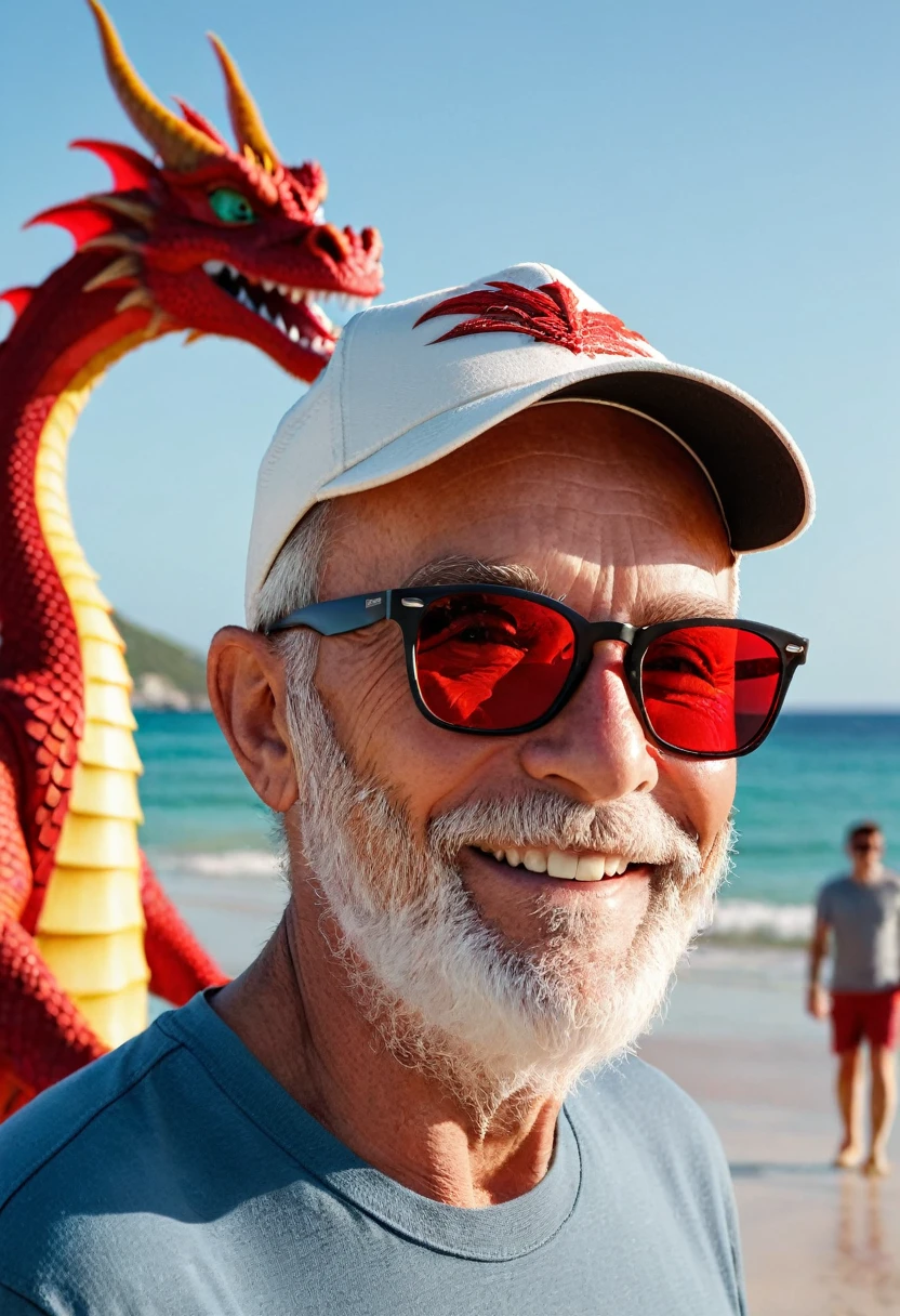 on the beach, captures a realistic image from different angles in a medium shot of a brave 60-year-old man with a very short beard, almost imperceptible white color and RayBan wayfarer sunglasses, The entire image takes place accompanied by a friendly red dragon, the man dressed in summer clothes and black baseball cap, The man is smiling and looking at camera accompanied by a funny medium-sized red dragon. The man in the cap is the adventurous explorer with dark wayfarer sunglasses evading a well-proportioned medium-sized winged red dragon, everything takes place under a radiant sun on a Mediterranean beach with impressive lighting for a perfect shot, red and winged dragon.  professional photography, 8k, RAW photo, The best quality, Masterpiece, photorealistic, Highly detailed, cinematic lighting, sharp focus, réflex digital, high resolution, photorealistic, 