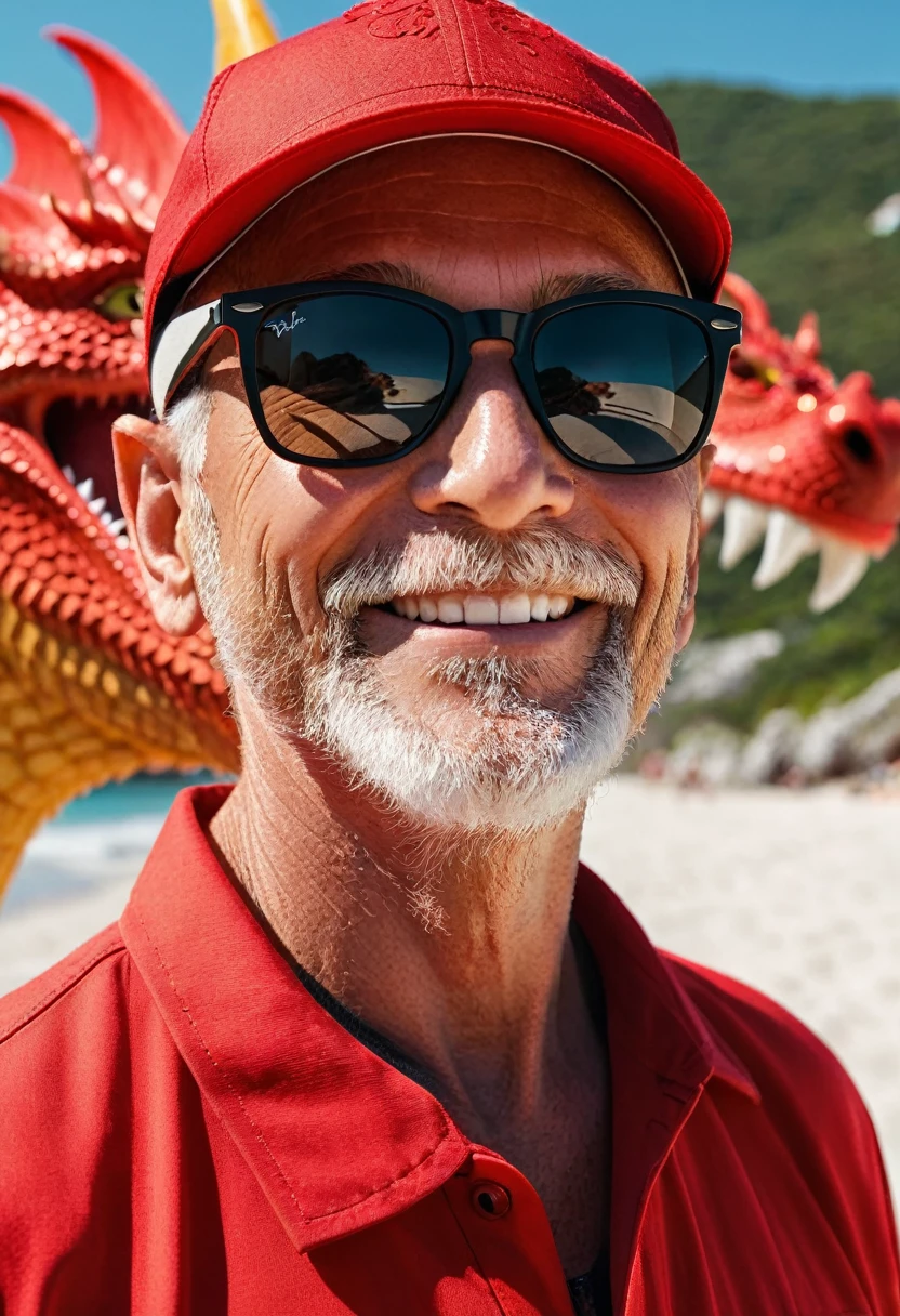 on the beach, captures a realistic image from different angles in a medium shot of a brave 60-year-old man with a very short beard, almost imperceptible white color and RayBan wayfarer sunglasses, The entire image takes place accompanied by a friendly red dragon, the man dressed in summer clothes and black baseball cap, The man is smiling and looking at camera accompanied by a funny medium-sized red dragon. The man in the cap is the adventurous explorer with dark wayfarer sunglasses evading a well-proportioned medium-sized winged red dragon, everything takes place under a radiant sun on a Mediterranean beach with impressive lighting for a perfect shot, red and winged dragon.  professional photography, 8k, RAW photo, The best quality, Masterpiece, photorealistic, Highly detailed, cinematic lighting, sharp focus, réflex digital, high resolution, photorealistic, 