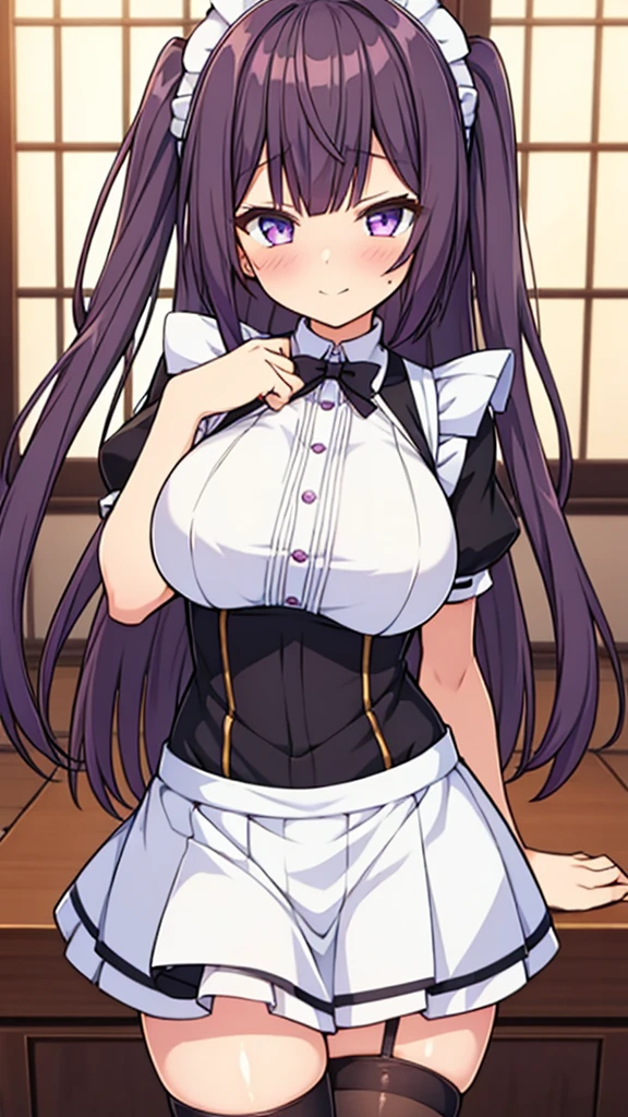 最high quality, high quality, Super detailed, 16K, Ultra-detailed details, pretty girl, alone, beautiful purple hair, Beautiful purple eyes, Big Breasts, A light smile, Summer clothes, Summer Maid clothes, I'm lifting my skirt, Blue and white color striped underwear(Showing her underwear under her skirt), My crotch is wet with love juice, Black knee socks, {{A succubus who falls in love with a man steals the facial skin of the girl he loves, transforms her face into that of a girl, and serves the man as a maid.}}, The ghost of a 半透明 girl with her skin peeled off is pleading with the maid, Full body image, NSFW