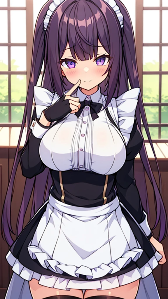 最high quality, high quality, Super detailed, 16K, Ultra-detailed details, pretty girl, alone, beautiful purple hair, Beautiful purple eyes, Big Breasts, A light smile, Summer clothes, Summer Maid clothes, I'm lifting my skirt, Blue and white color striped underwear(Showing her underwear under her skirt), My crotch is wet with love juice, Black knee socks,  {{A succubus who falls in love with a man steals the facial skin of the girl he loves, transforms her face into that of a girl, and serves the man as a maid.}}, The ghost of a 半透明 girl with her skin peeled off is pleading with the maid, Full body image, NSFW