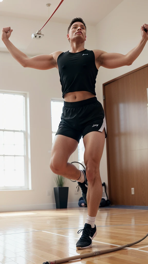 A man jumping rope in gym clothes 