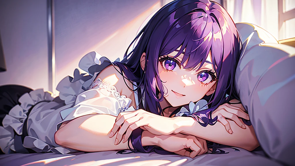 1girl, purple hair, purple eyes, light smile, wearing maid costume, close portrait, close, high res, ultrasharp, 8K, masterpiece, looking at viewer, delicate poses, in light pink bed, warm light, cute background, confident, ultra detailed, best quality, beautiful,lovestruck expression, high detail textures, high detail eyes, bright colors,landscape,