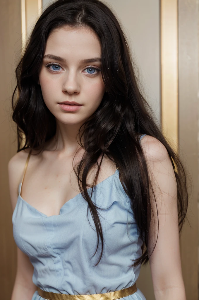 Photo portrait of a young woman, pale skin, big blue eyes, long wavy black hair, wearing a golden-pink dress