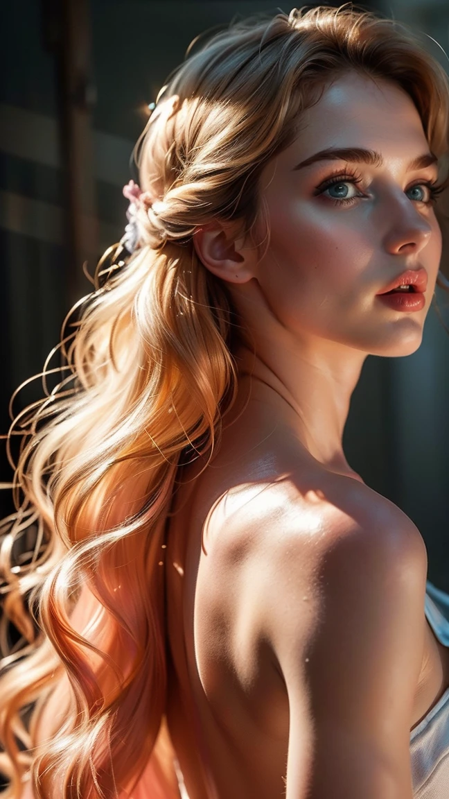 (((ultra realistic))) Photo, masterpiece, top quality, (pale skin), (Ultra detailed face and eyes:1.3), 1 girl, Adult, In Lifchik, ((Eye makeup, pink mascara)), ((large detailed lips)), ((pink wavy hair)), ((Chyolka)) , (Natural breasts), Slim waist. ((Posing)), photoshoot, studio (contour lighting), (The play of light and shadows), depth of field, bokeh, (special attention to skin detail: 1.2), Detailed leather texture, skin pores. (Light atmosphere of the frame. Color range - delicate, Bright, Yellow tones), UDR, ((Film grain)), ((rays)), (Glare), ((Photo from the back)) , ultra detialed,