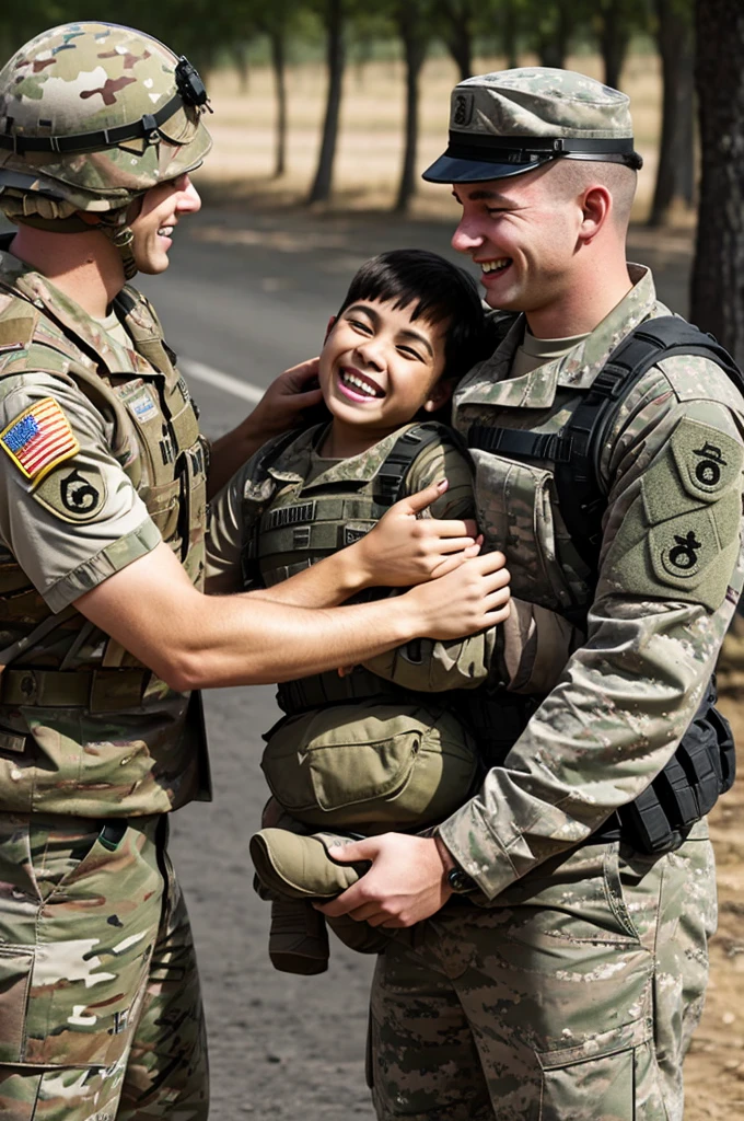 Soldier helping happy people