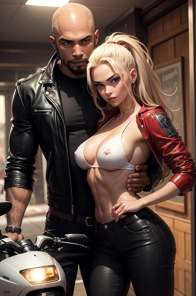 A muscular and sensual young wild and rebellious afro black werewolf, with bright red eyes, all bald and with a goatee wearing a leather biker jacket, stopped, through a small town in the interior of the country at night with a young beautiful blonde woman in sensual uniform standing next to him very well armed with a mischievous smile being tightly hugged from behind by him with the motorcycle in the background