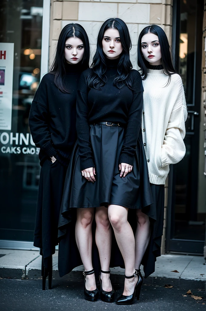 2heads, three headed goth girl, age 19, slightly chubby, black sweater, black skirt, pale skin,
