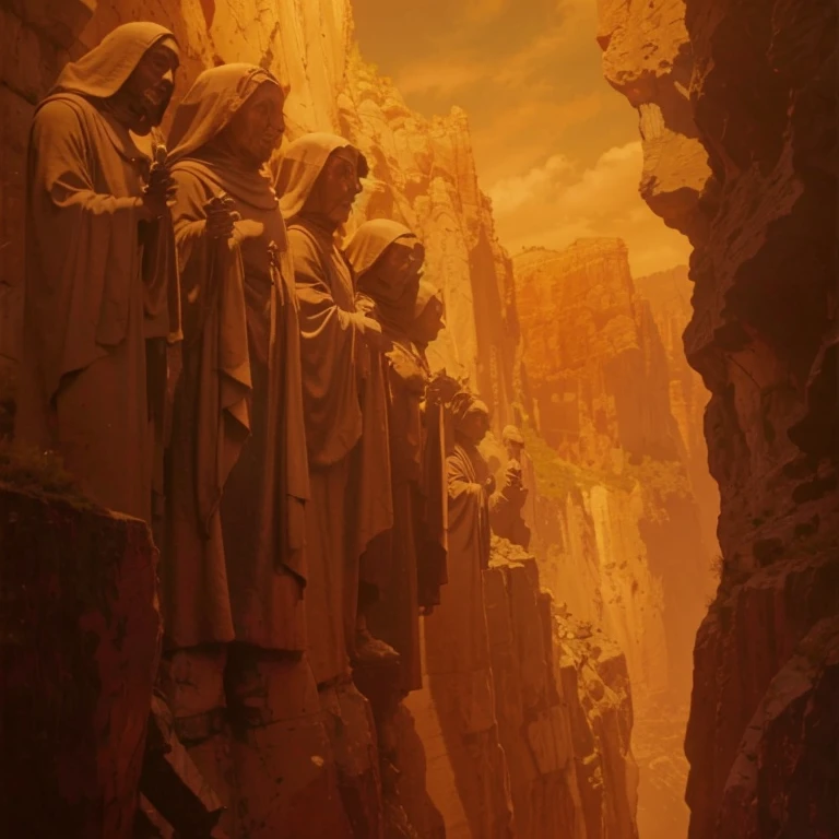 Dark trail between two rocky cliffs, It has on its two walls rows of mega skeletal rock statues of dark monks in cassocks