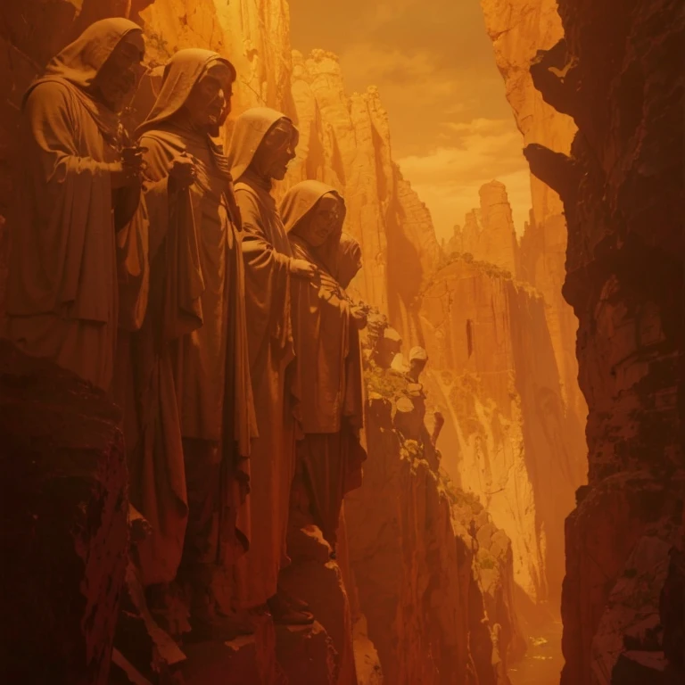 Dark trail between two rocky cliffs, It has on its two walls rows of mega skeletal rock statues of dark monks in cassocks
