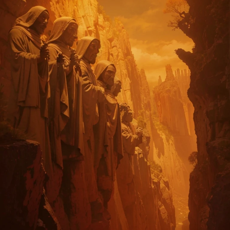Dark trail between two rocky cliffs, It has on its two walls rows of mega skeletal rock statues of dark monks in cassocks