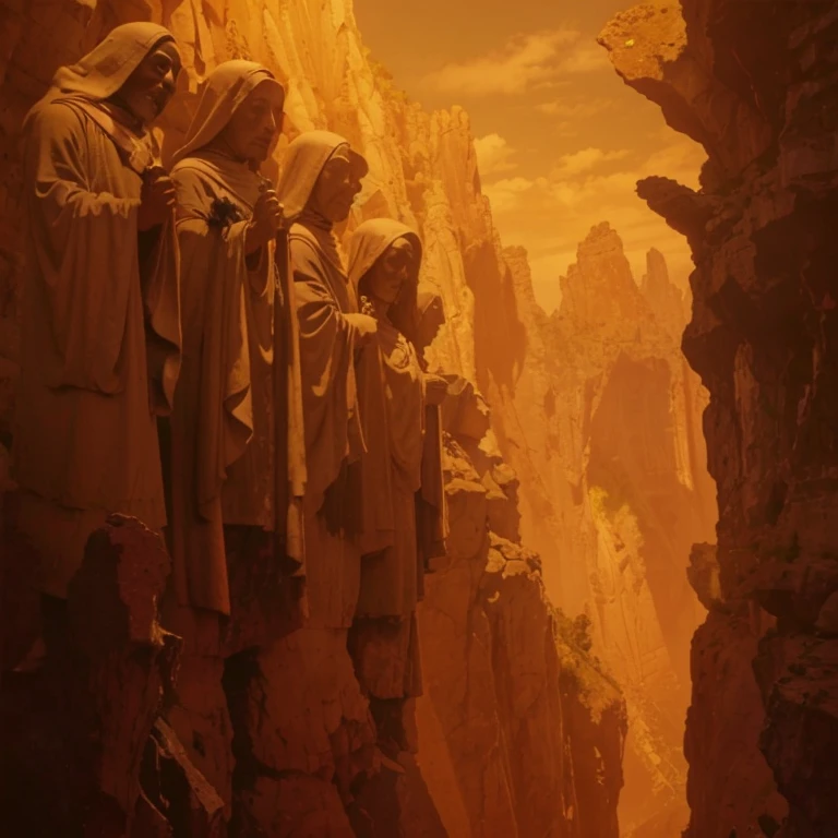 Dark trail between two rocky cliffs, It has on its two walls rows of mega skeletal rock statues of dark monks in cassocks