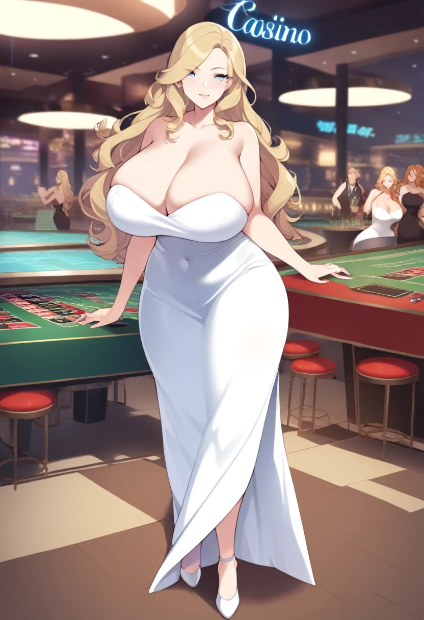 1girl, mature female, milf, motherly, huge breasts, wide hips, curvy, wavy hair, long hair, blonde hair, blue eyes, lips, tube dress, strapless, bare shoulders, long dress, white dress, long dress, white high heels, solo, cowboy shot, casino, indoors, standing, looking at viewer, seductive smile