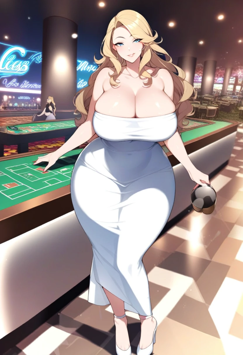 1girl, mature female, milf, motherly, huge breasts, wide hips, curvy, wavy hair, long hair, blonde hair, blue eyes, lips, tube dress, strapless, bare shoulders, long dress, white dress, long dress, white high heels, solo, cowboy shot, casino, indoors, standing, looking at viewer, seductive smile