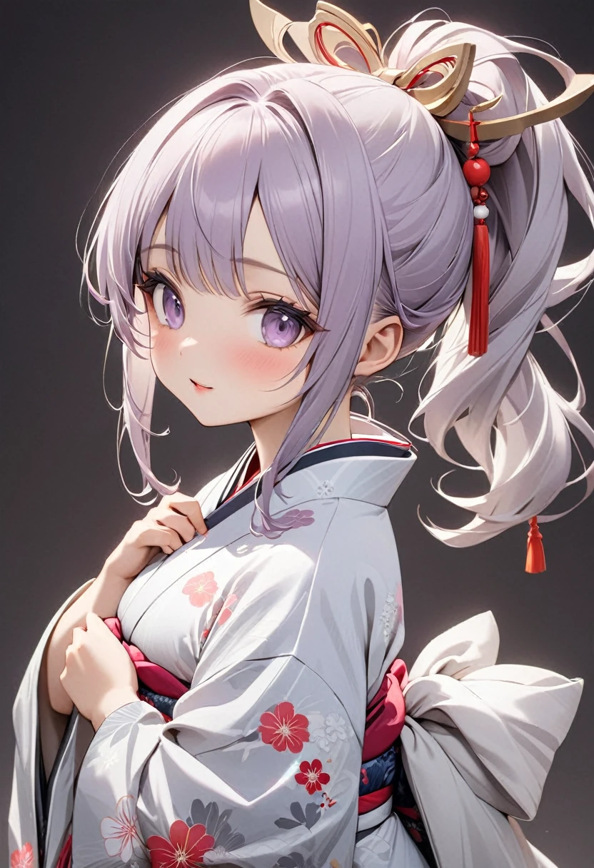 Playful and cute oriental beauty girl.Light purple gray long hair.Double ponytail hairstyle tied on both sides,Texture、Beautiful white Japanese kimono、,masterpiece,best quality