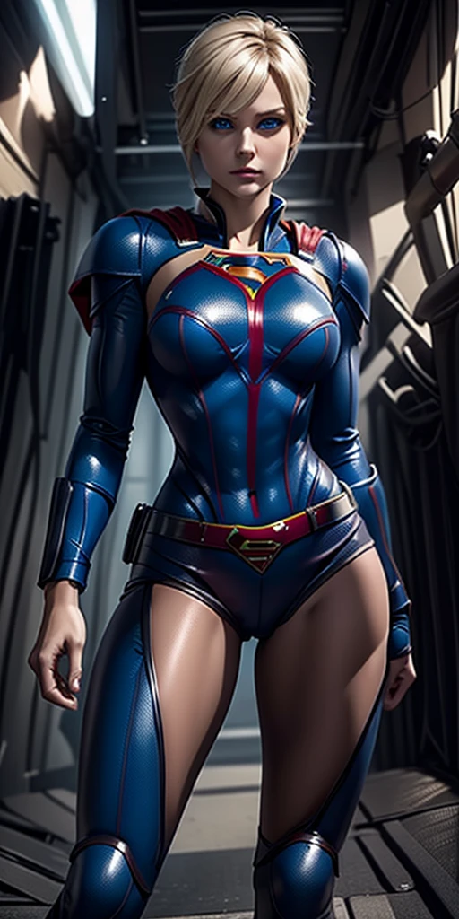 The character Supergirl, rubberized black costume, shiny blue eyes, beautiful blond hair, 