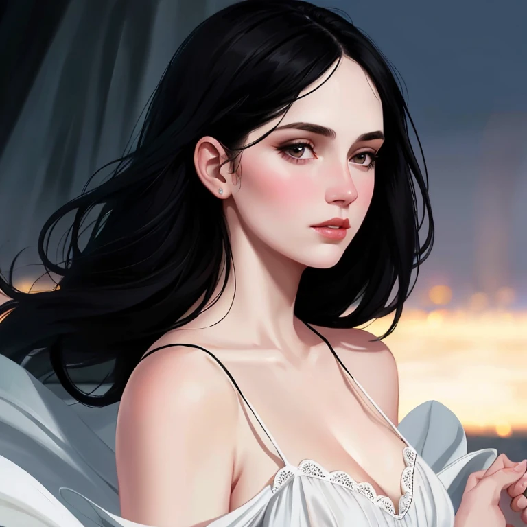 beautiful girl with realistic black eyes, pale skin, mid-length black hair, cum on perfect face, perfect eyes, wearing sheet sundress, highly detailed, comprehensive cinematic, digital painting, 8k, cinematic lighting, best quality, highres, detailed work, post-processing, perfect result, hyper realistic