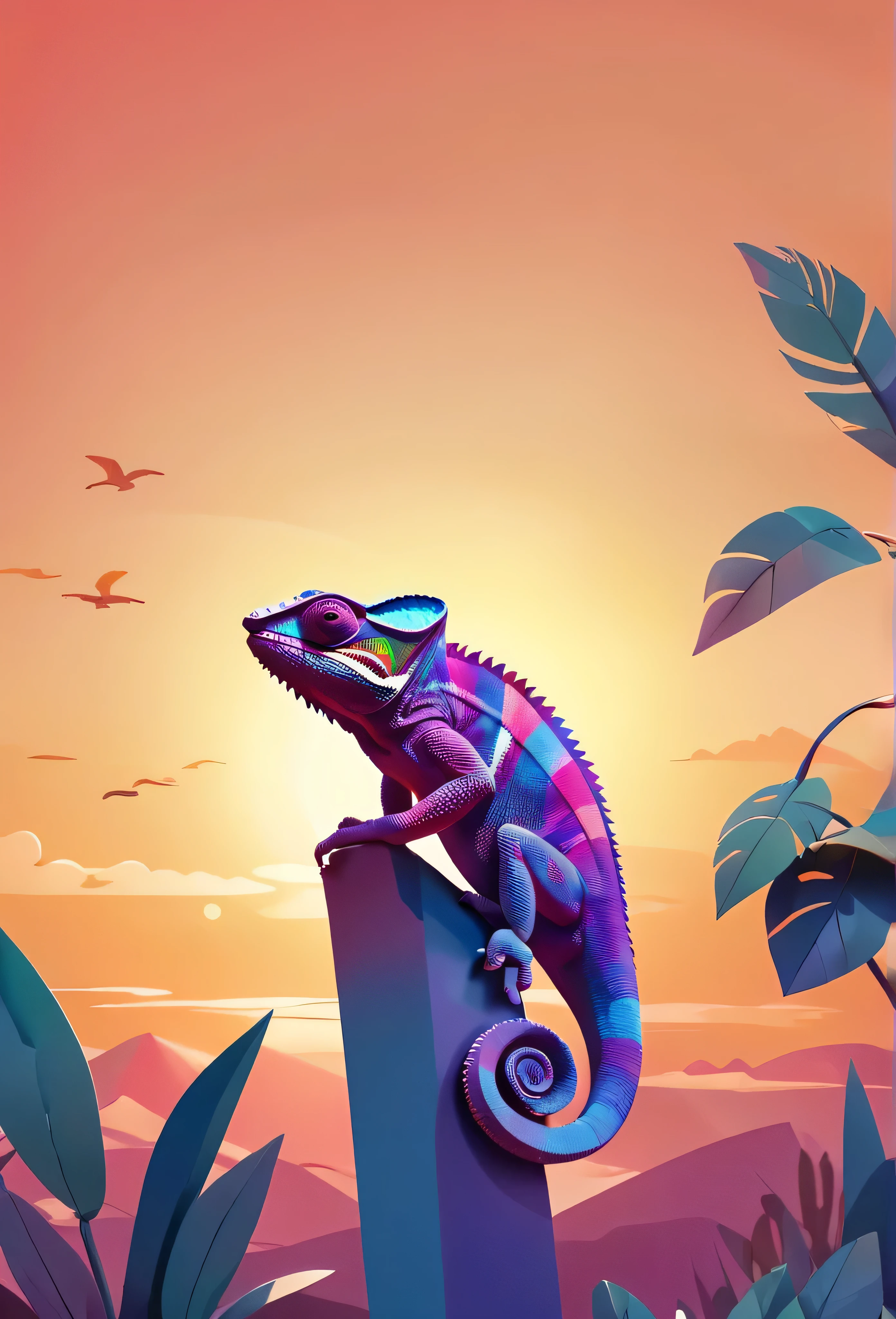 a silhouette design of a chameleon, sunset design, 3D vector art, cute and quirky, bright bold colorful., watercolor effect, , digital painting, low-poly, bird's-eye view, isometric style, focused on the character, 4K resolution, photorealistic rendering, using Cinema 4D,front side