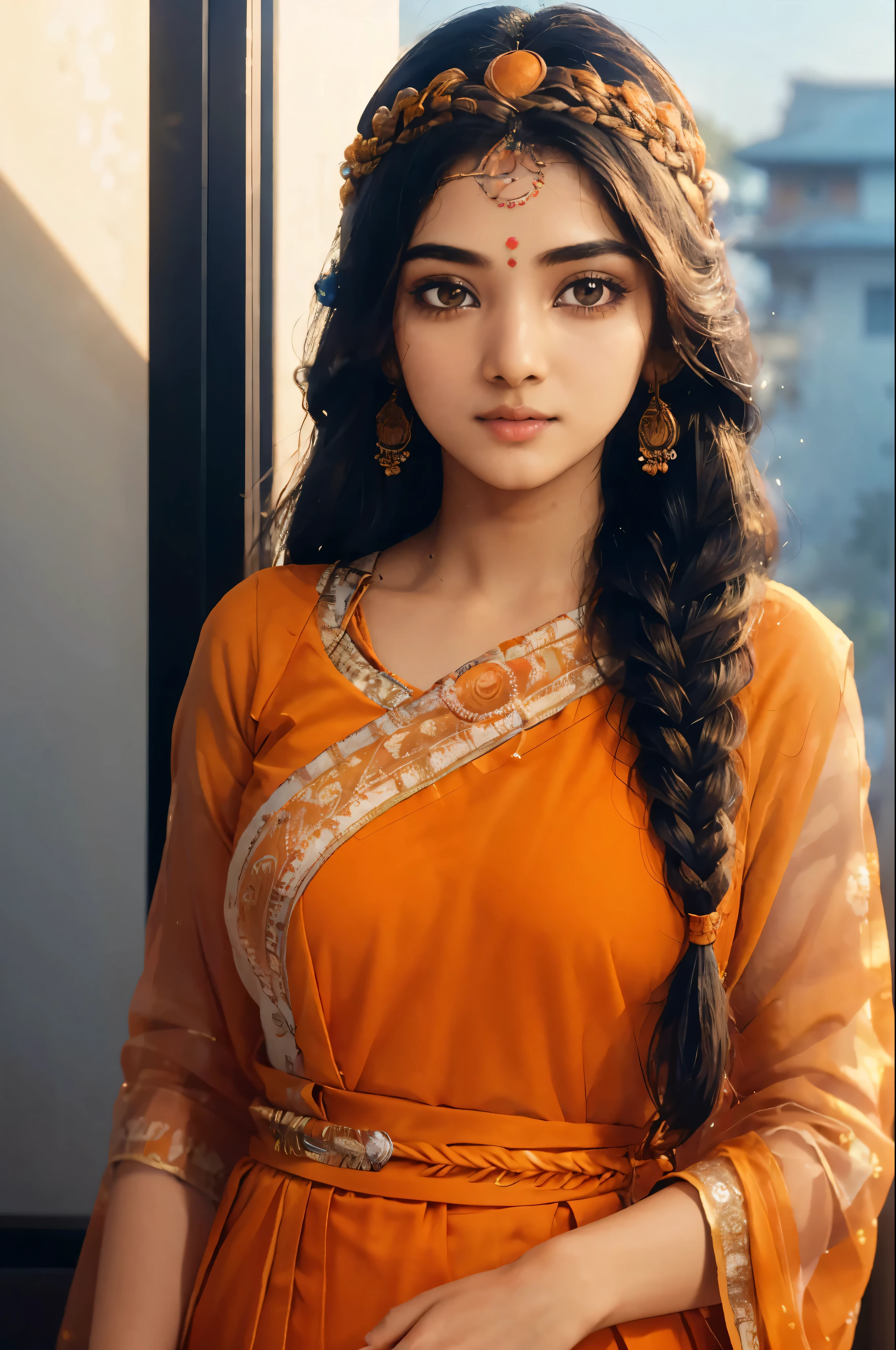 Beautiful woman, 18yo student, beautiful orange kurti dress, covering her body with transparent chunari, (orange bindi on head), during daytime, yamamura, calm and cool, Detailed body, Detailed face, ((orange eye)), shiney body, Gorgeous, A hyper-realistic, Charming, beautiful, Long braided hair, Ambient lighting, Foggy, Winters, Detailed background, Volumetric lighting, Shadow, 8K