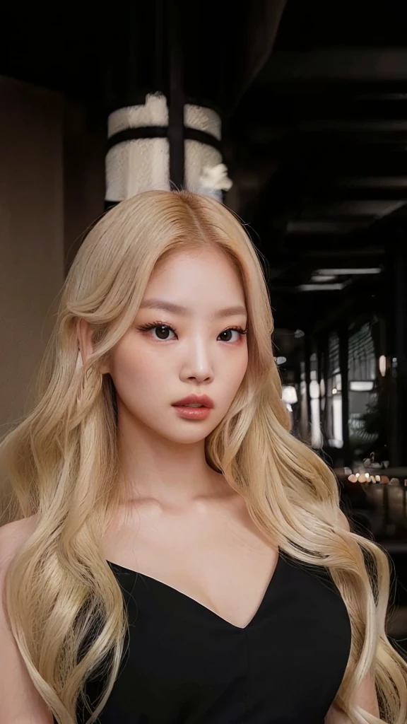a close-up of a woman with long blonde hair wearing a black dress, parque roseanne de blackpink, maquiagem sul-korean popular, maquiagem korean popular, jossi do blackpink, korean, linda mulher sul-korean, jennie blackpink, portrait of jossi do blackpink, Jinyoung Shin, adorable and pale korean face, linda jovem korean, linda jovem korean, heonhwa choe