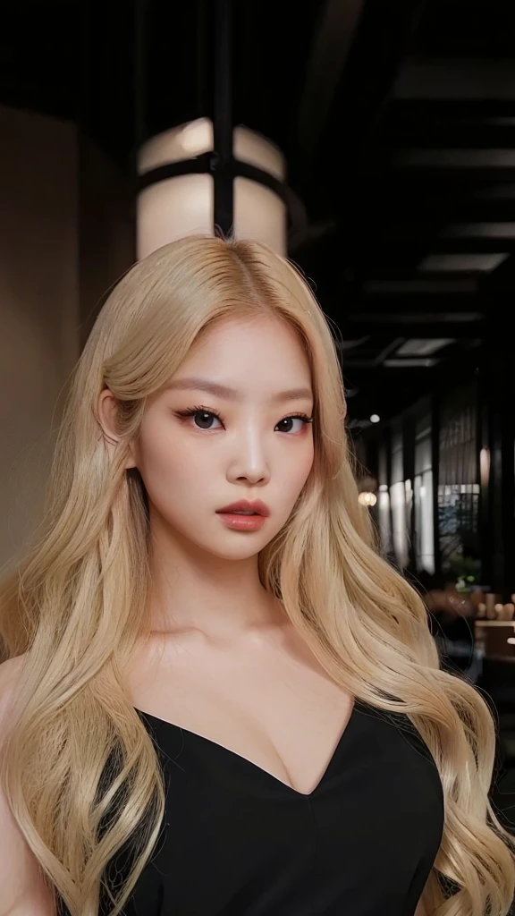 a close-up of a woman with long blonde hair wearing a black dress, parque roseanne de blackpink, maquiagem sul-korean popular, maquiagem korean popular, jossi do blackpink, korean, linda mulher sul-korean, jennie blackpink, portrait of jossi do blackpink, Jinyoung Shin, adorable and pale korean face, linda jovem korean, linda jovem korean, heonhwa choe