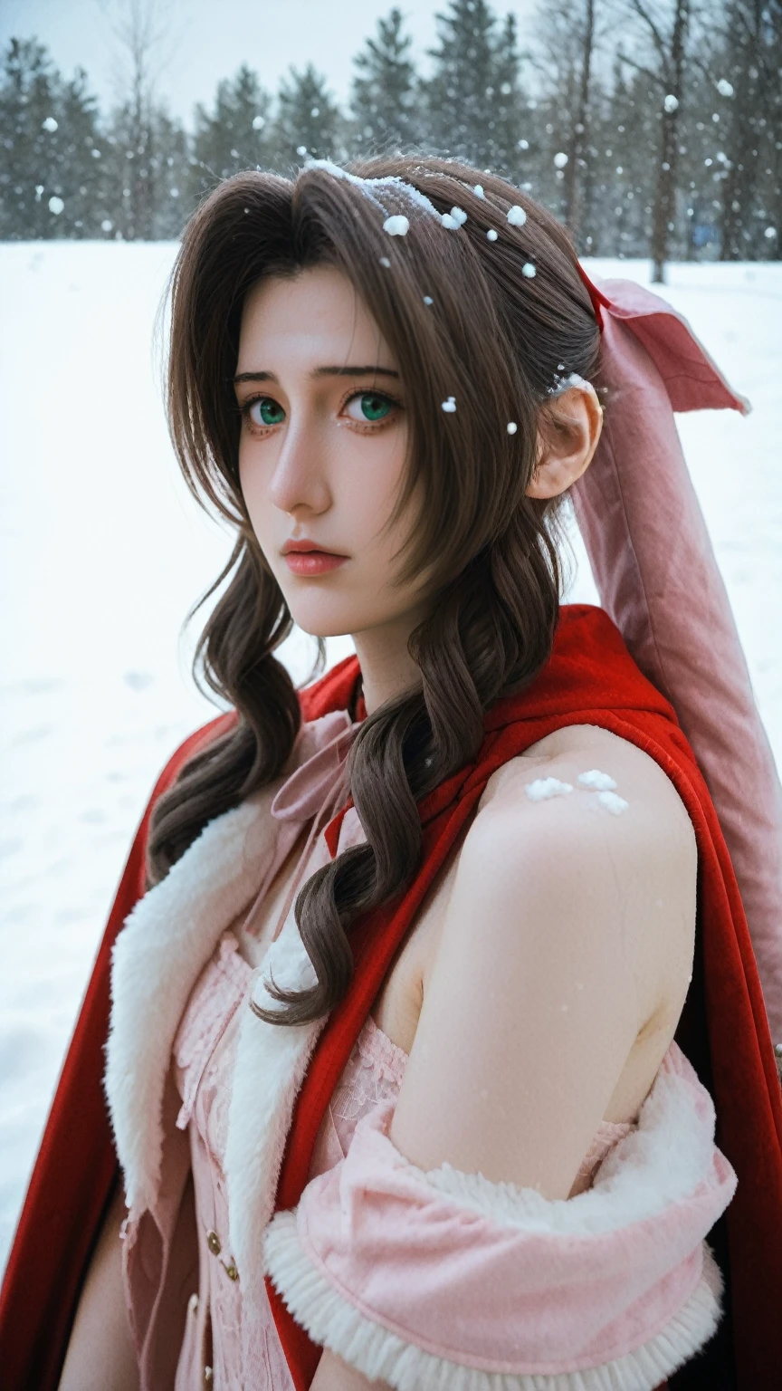 realistic,score_9, score_8_up, score_7_up,
Hide your face with sadness,ta costume,Lace, Aerith Gainsborough, The upper part of the body, undergarments,exposed bare shoulders, do lado de fora, (outside,Covered with snow,Cloak,) high high quality, Adobe Lightroom, highdetailskin, looking at viewert,