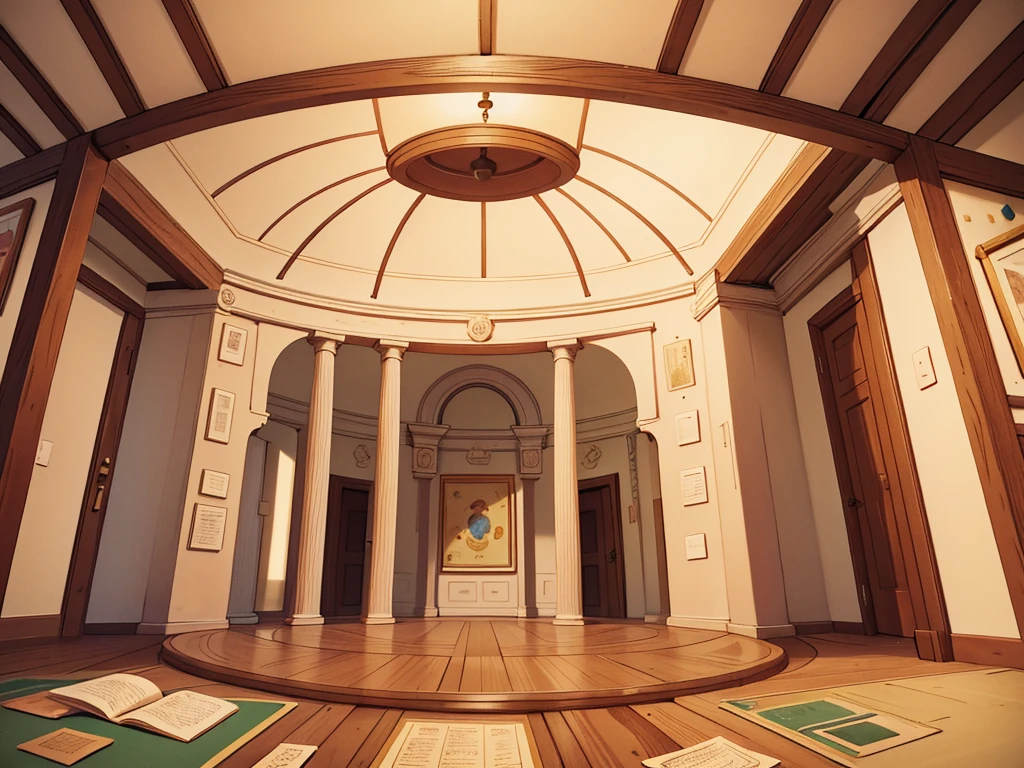 A historical museum map in the style of among us, a round room in the middle including a ruby, connected corridors