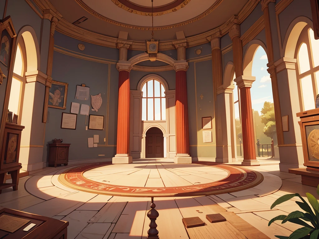 A historical museum map in the style of among us, a round room in the middle including a ruby, connected corridors