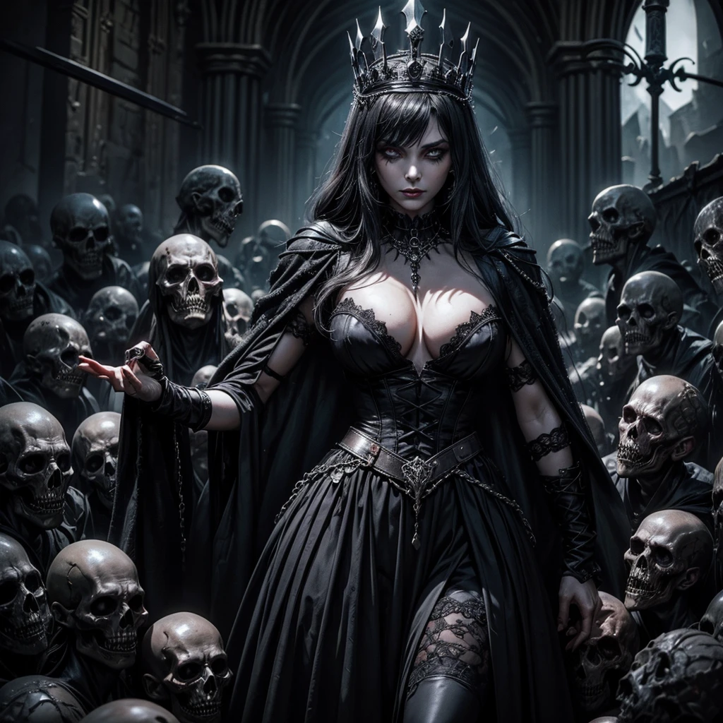A dark and mysterious queen is surrounded by the undead people in the middle of a gothic village, both male and female undead are in an attitude of submission to the queen
