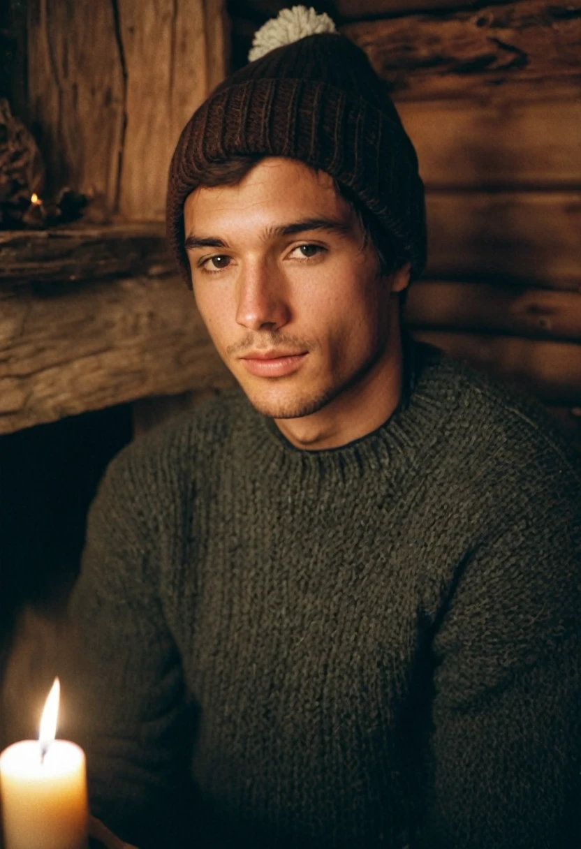 analog film photo (Photorealistic:1.2), (Sensual portrait of a man with a beanie:1.3), (brown eyes with a tender gaze:1.3), (nurturing presence:1.2), (Cozy attire with a sweater and a beanie:1.4), (Soft candlelight for a cozy atmosphere:1.3), (Backdrop of a rustic cabin with a crackling fireplace:1.3), faded film, desaturated, 35mm photo, grainy, vignette, vintage, Kodachrome, Lomography, stained, highly detailed, found footage, detailed skin texture, (blush:0.5), (goosebumps:0.5), subsurface scattering, ((Glamour Portrait))