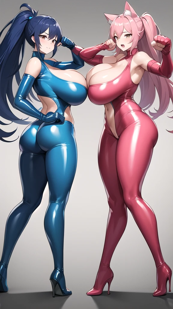 Blue Hair、Blue latex suit、Big Boobs、Big Breasts、transformation、Show cleavage、Firm stomach、Big Ass、Semi-long hair、sexy、cute、Sexy、Clothing、battle、enemy、Fight between women、Catfight、Pink Hair、Pink latex suit、 pressed together、Fistfight