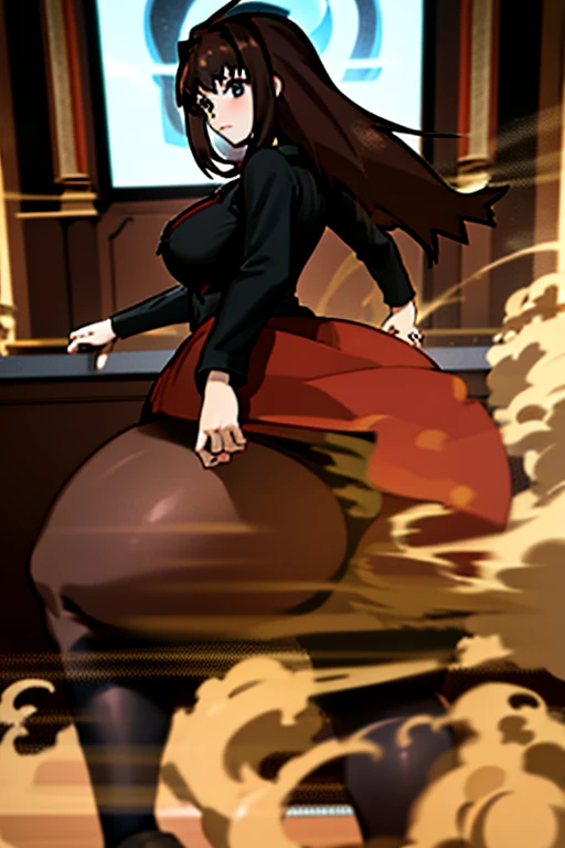 Highest quality, masterpiece, High Resolution, 1 girl, pooping, right, long hair, brown hair, black shirt, red dress, long sleeves, black pantyhose, Aozaki Aoko, farting, Ass, hyper Ass, huge Ass, big ass, wide hip,