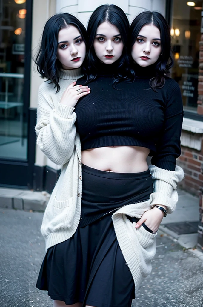 2heads, three headed goth girl, age 19, slightly chubby, black sweater, black skirt, pale skin,